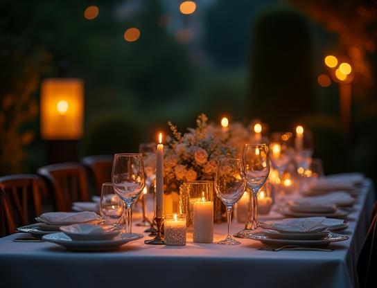 Elegant private dining table set outdoors at dusk